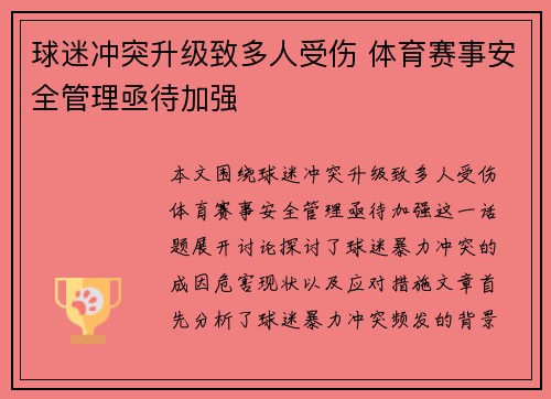 球迷冲突升级致多人受伤 体育赛事安全管理亟待加强